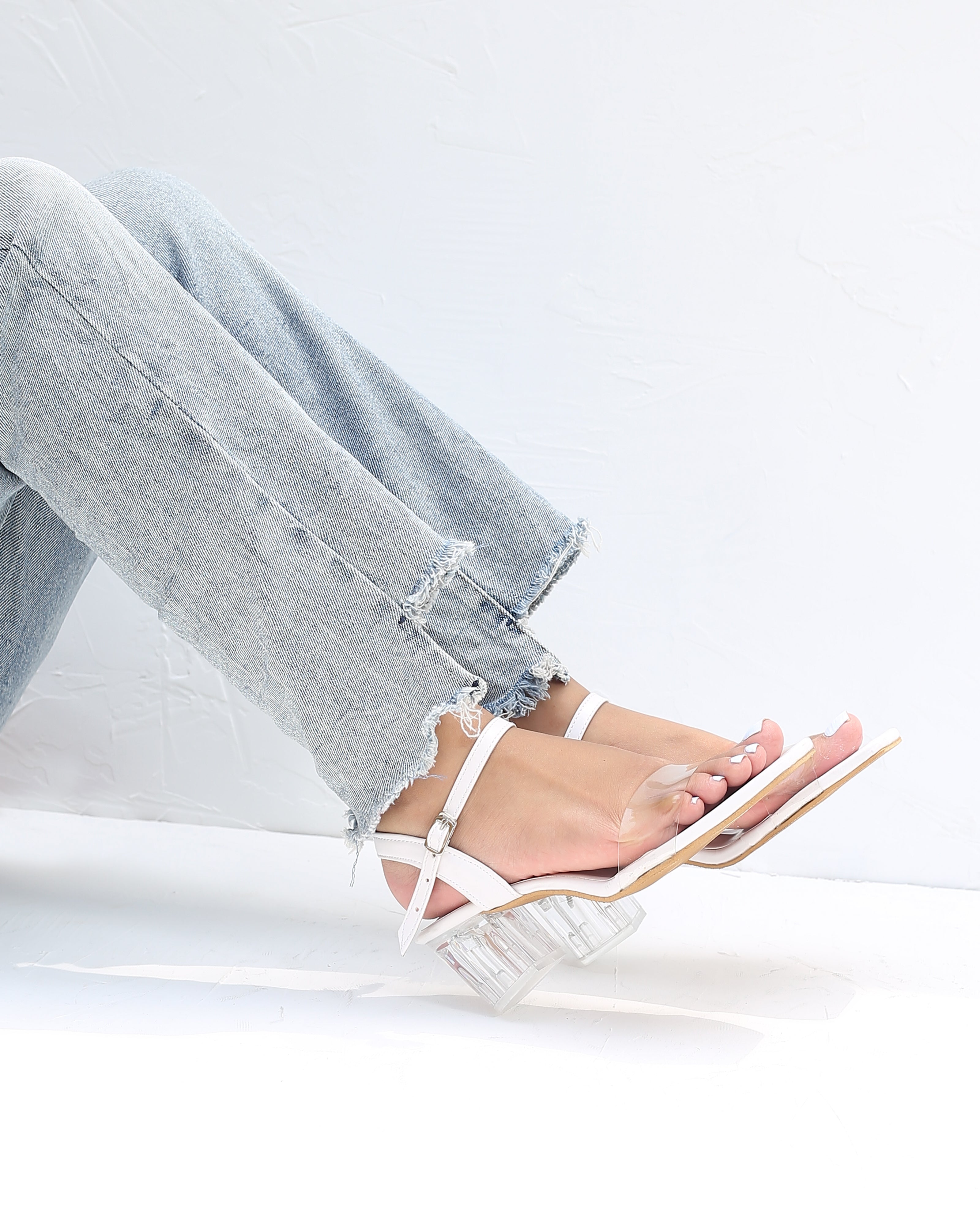 WHITE TRANSPARENT OPEN TOE BLOCK HEELS