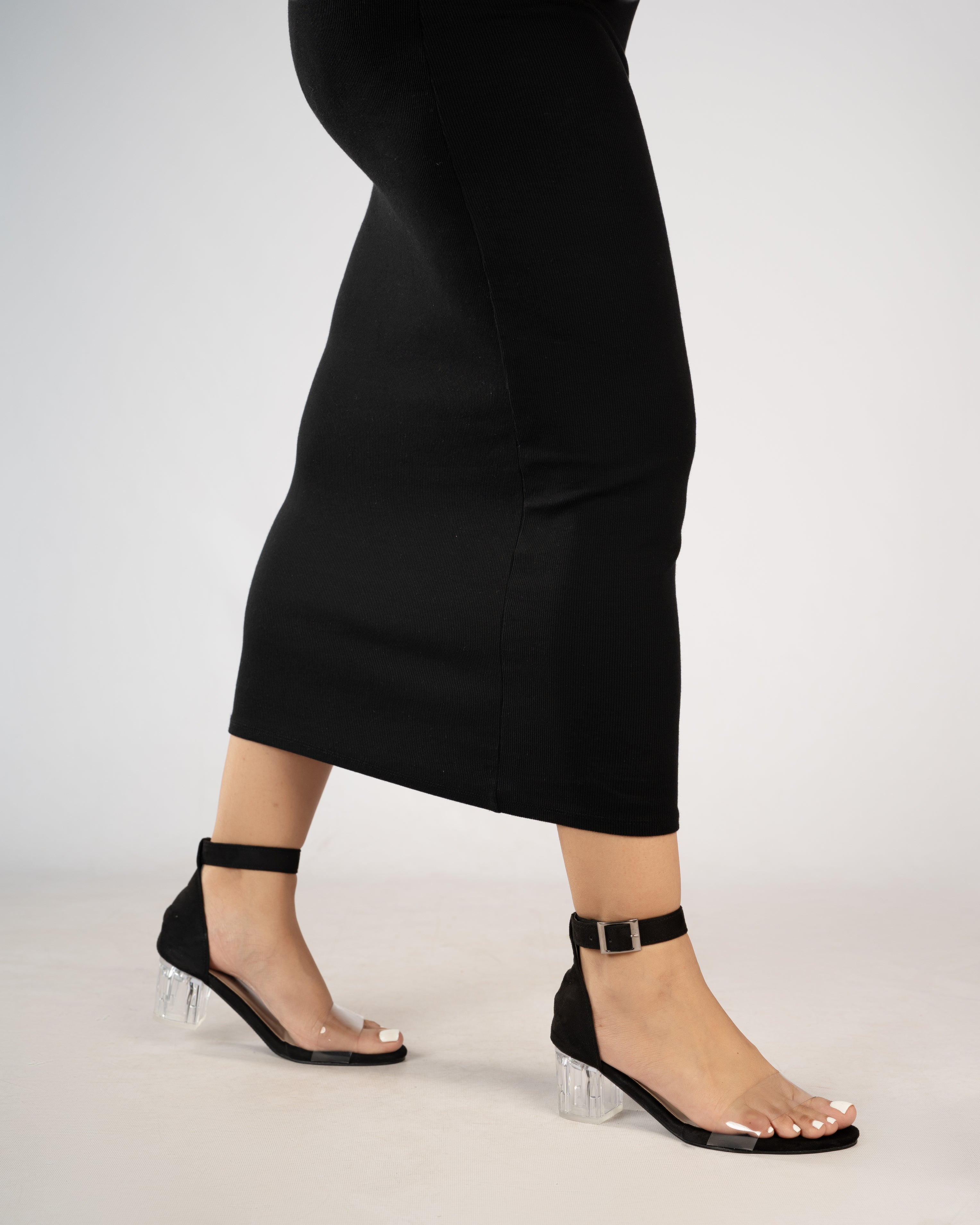 BLACK SUEDE ANKLE STRAP TRANSPARENT LOW BLOCK HEELS