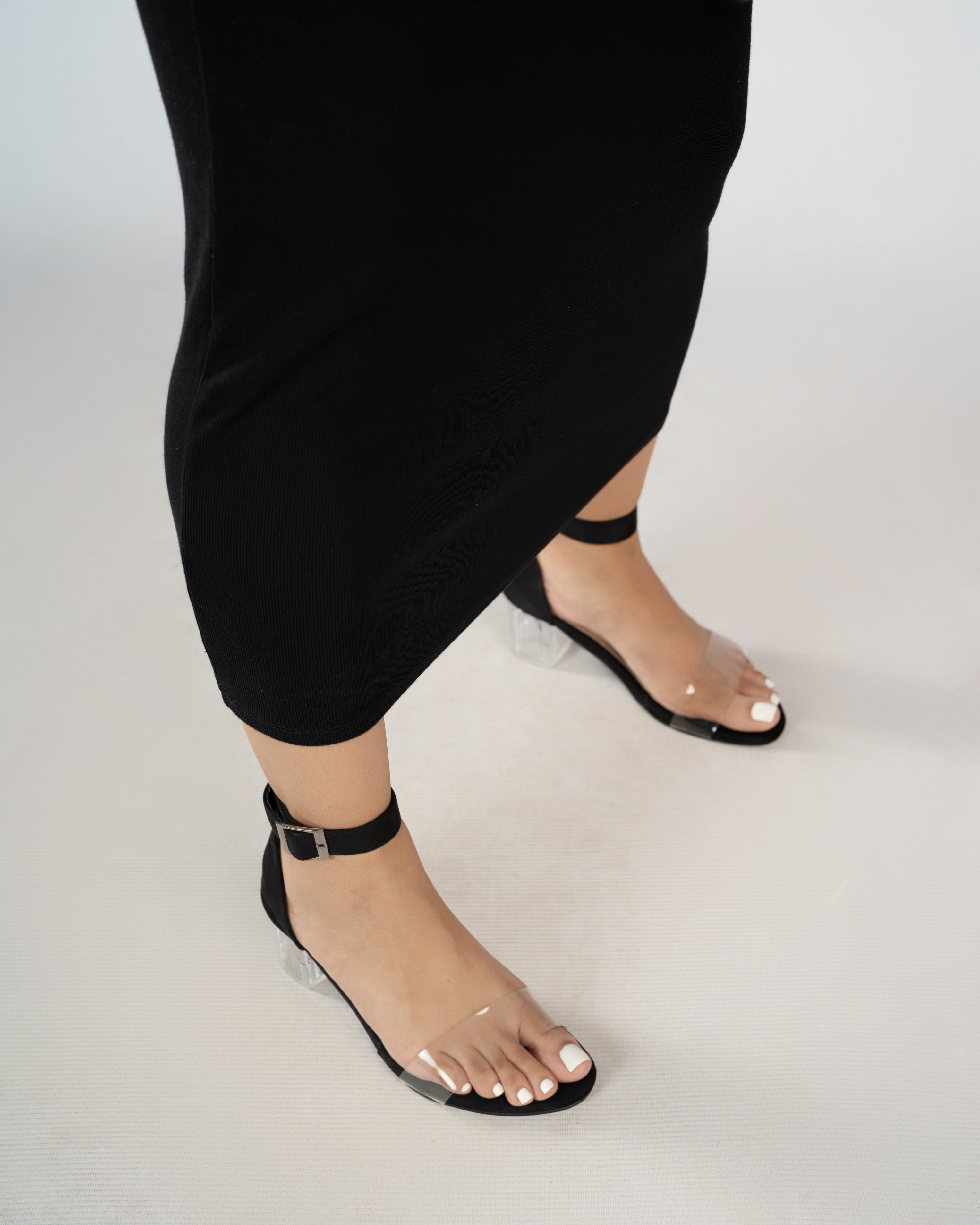 BLACK SUEDE ANKLE STRAP TRANSPARENT LOW BLOCK HEELS