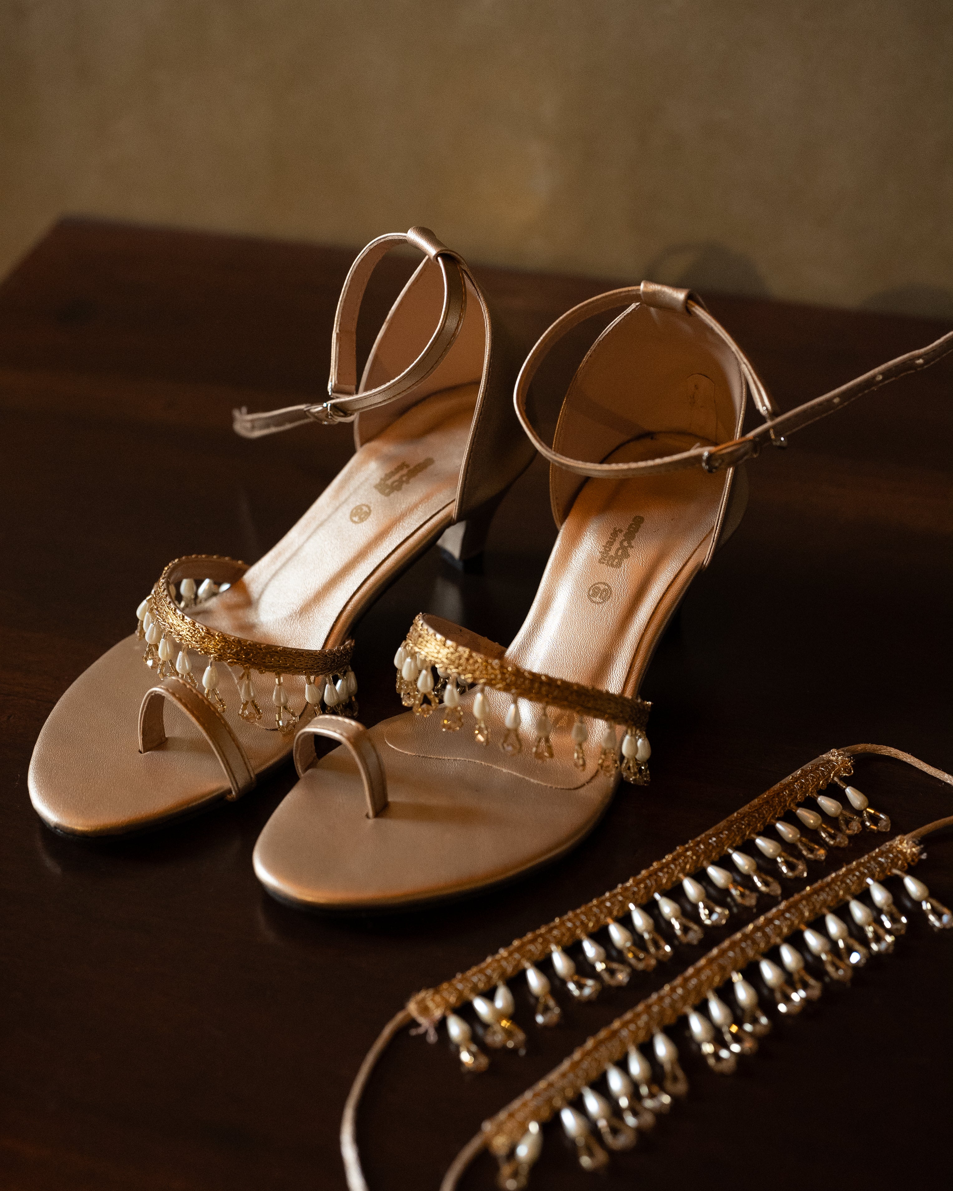 CHAMPAGNE PEARL FRINGE HEELS