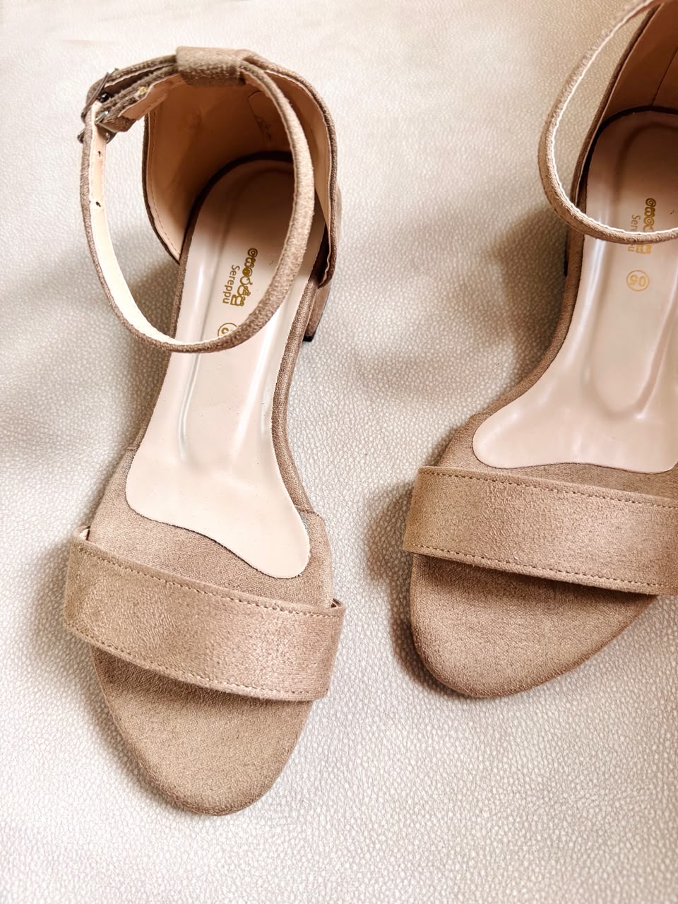 CAMEL SUEDE ANKLE STRAP LOW BLOCK HEELS