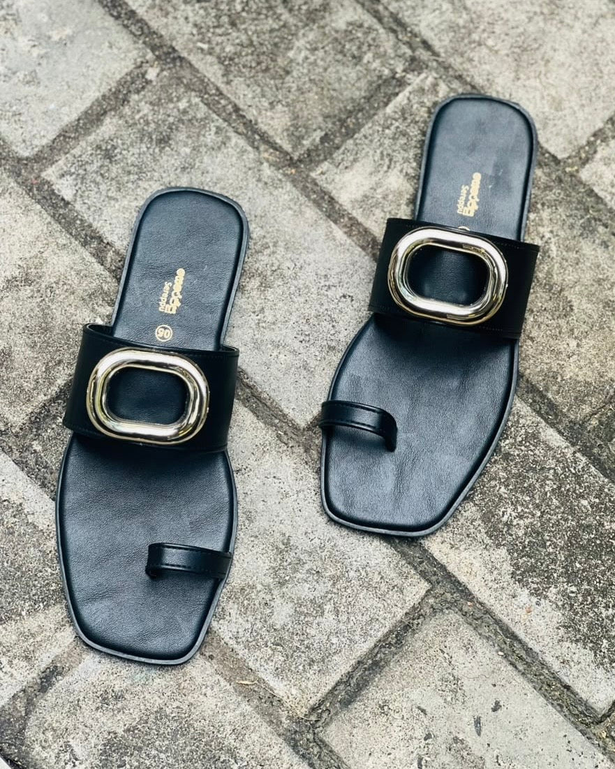 BLACK STATEMENT BUCKLE TOE RING SLIP ONS
