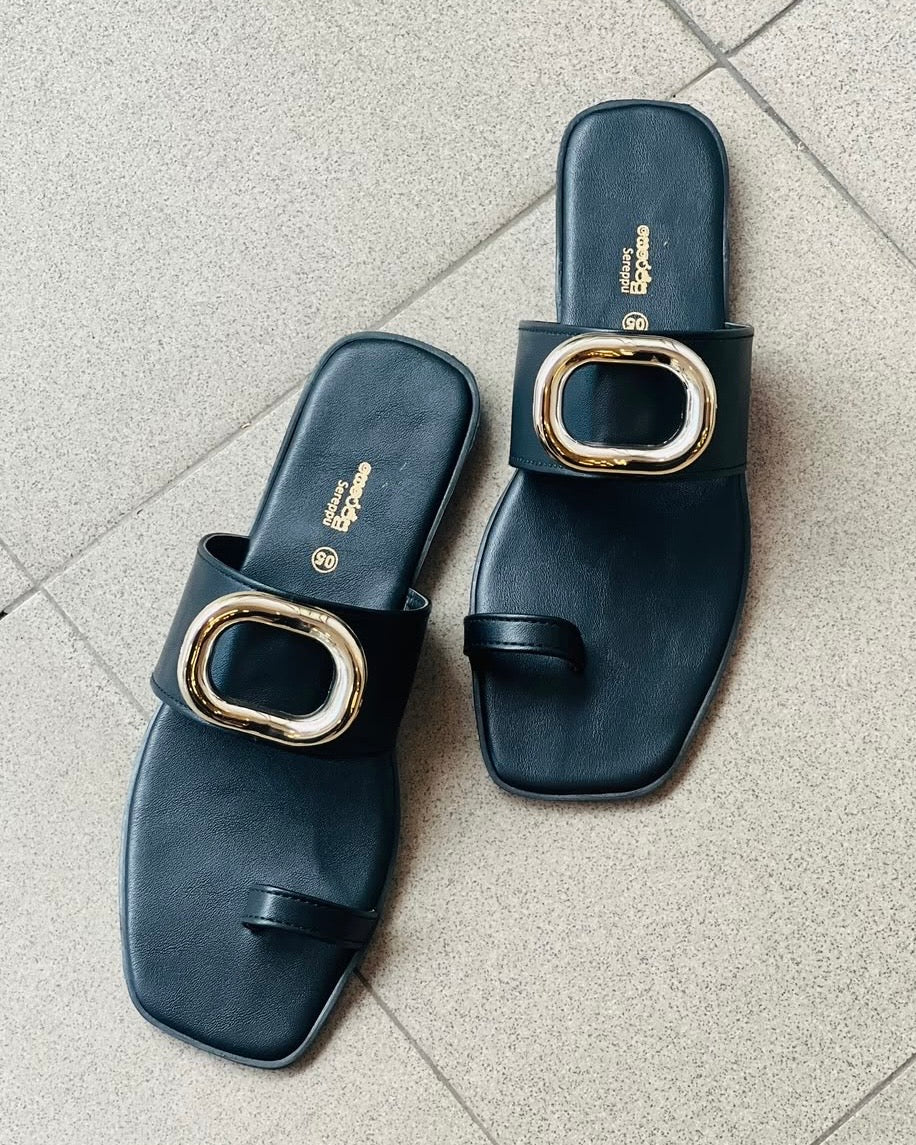 BLACK STATEMENT BUCKLE TOE RING SLIP ONS