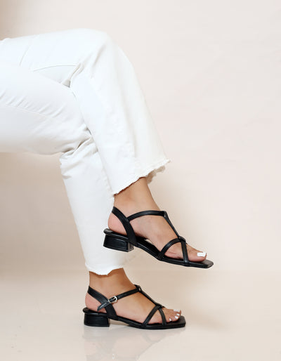 BLACK CROSS FRONT OPEN TOE LOW BLOCK HEELS