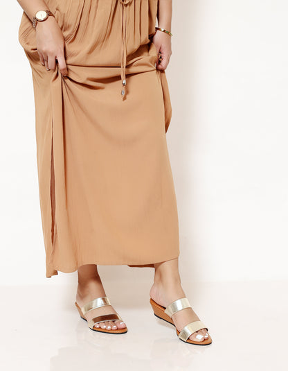 GOLD DOUBLE STRAP SLIP ON WEDGES