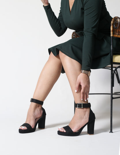 BLACK SUEDE ANKLE STRAP PLATFORM BLOCK HEELS