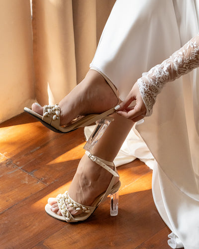 IVORY PETAL-EMBELLISHED TRANSPARENT HEELS