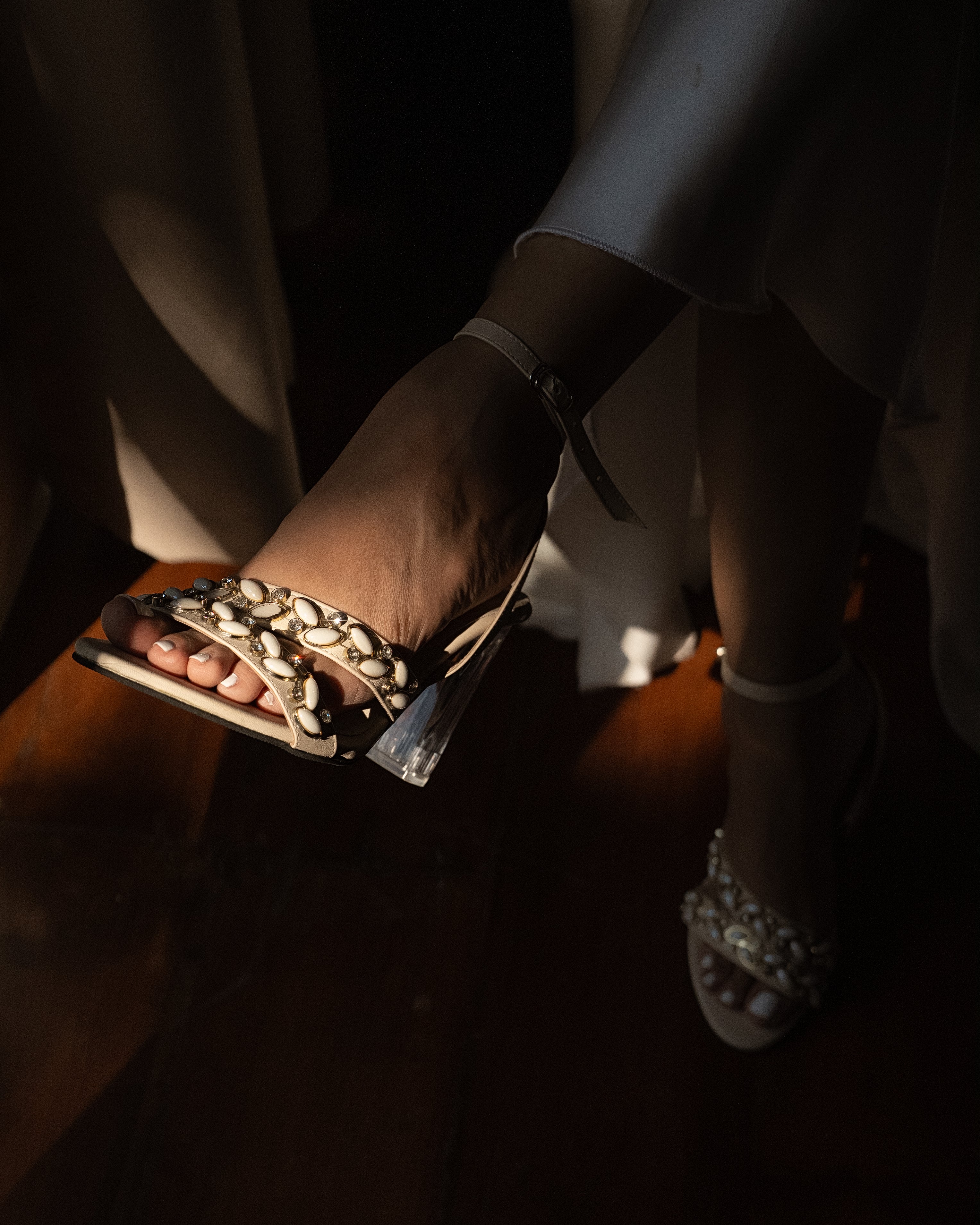 IVORY PETAL-EMBELLISHED TRANSPARENT HEELS
