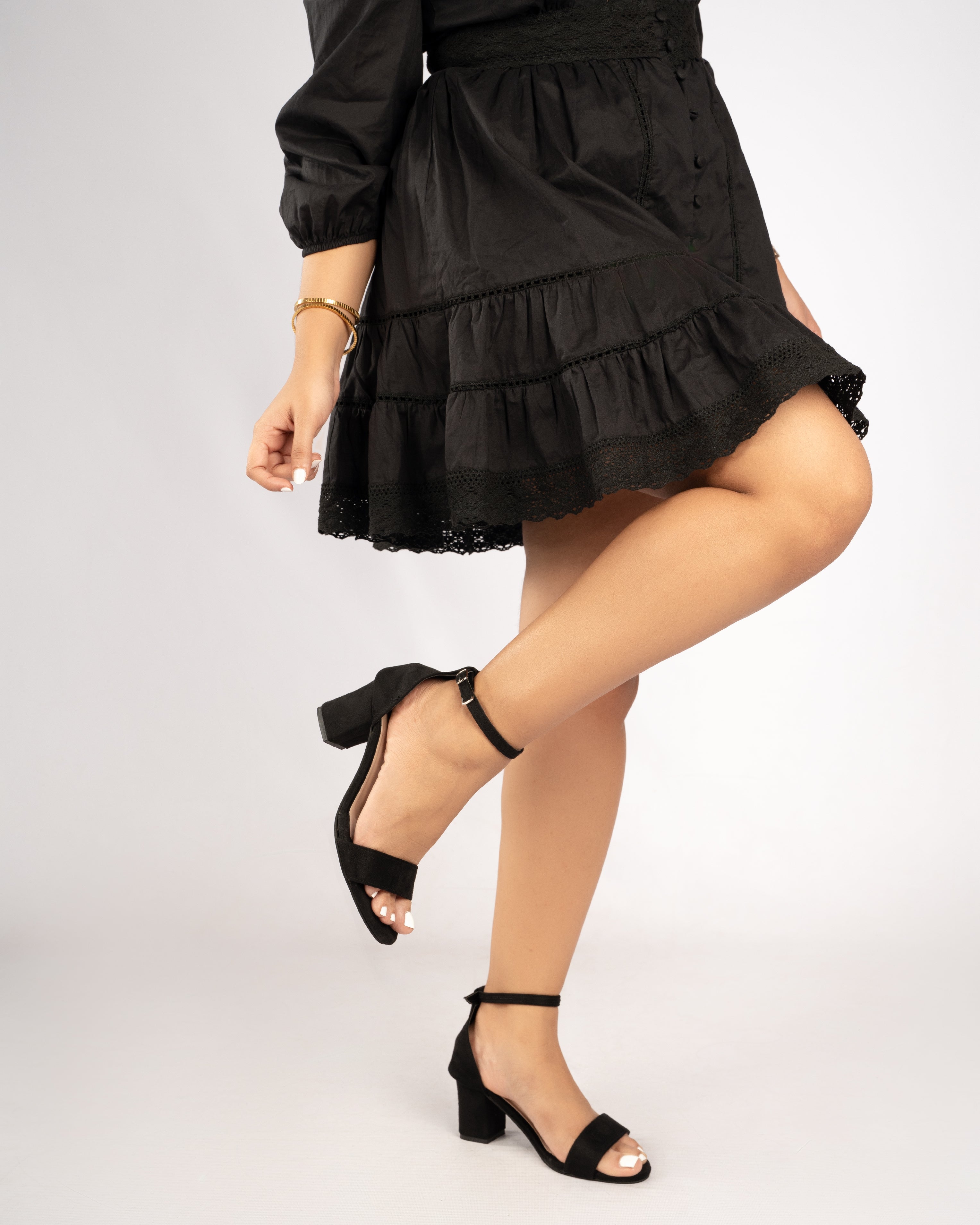 BLACK SUEDE ANKLE STRAP BLOCK HEELS