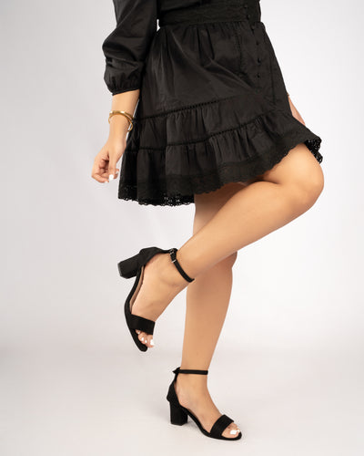 BLACK SUEDE ANKLE STRAP BLOCK HEELS