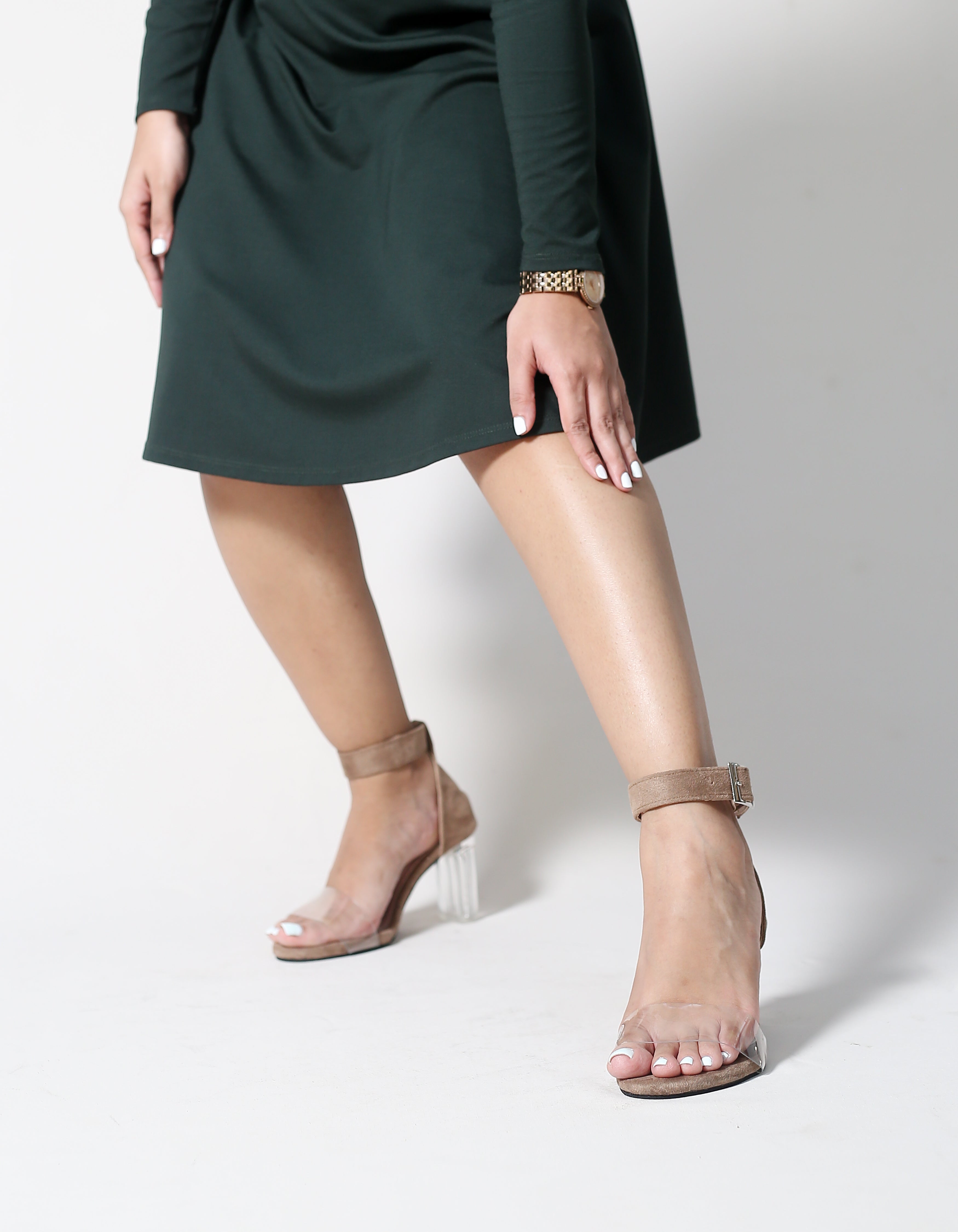 CAMEL SUEDE ANKLE STRAP TRANSPARENT  BLOCK HEELS