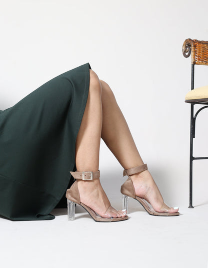 CAMEL SUEDE ANKLE STRAP TRANSPARENT  BLOCK HEELS