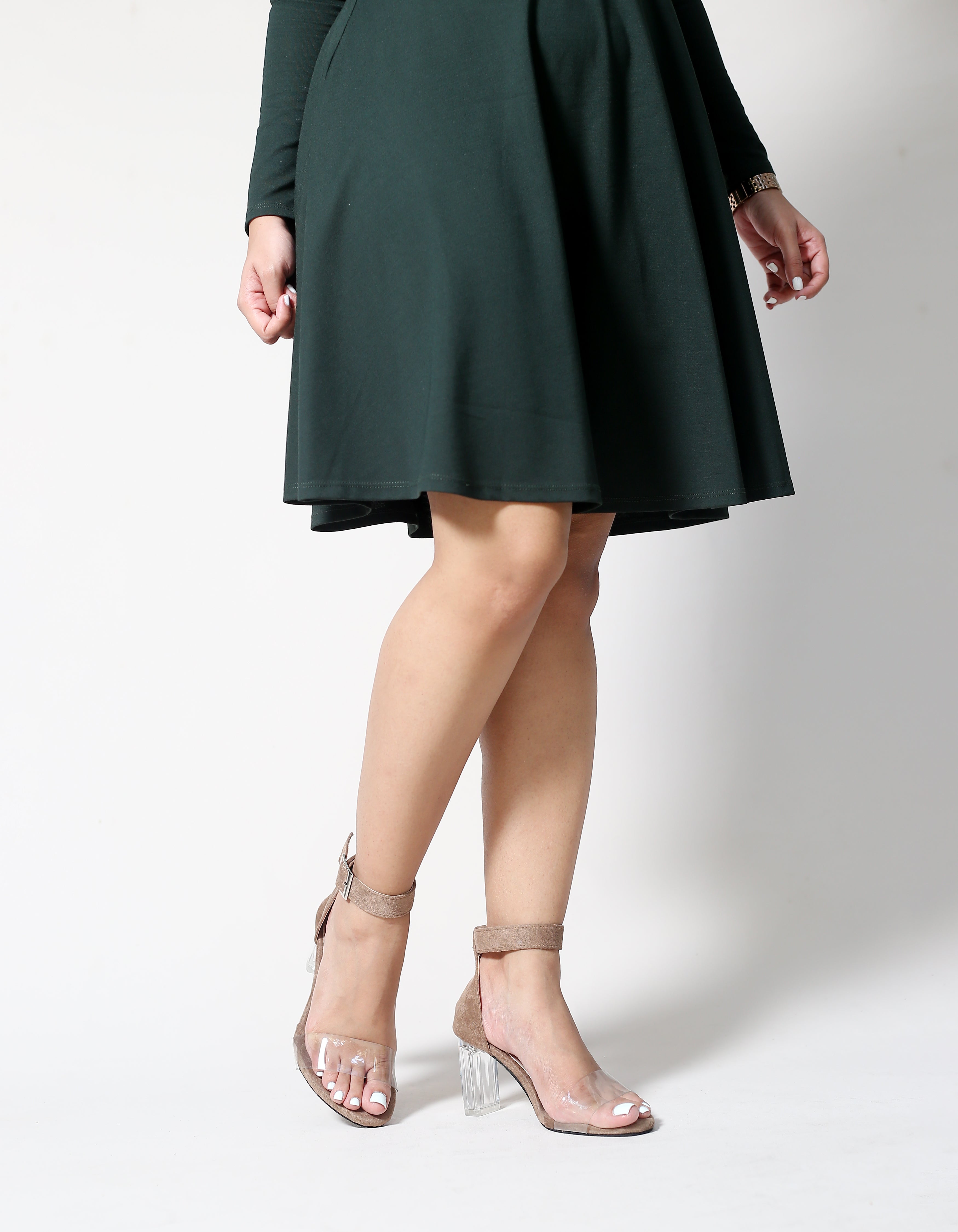CAMEL SUEDE ANKLE STRAP TRANSPARENT  BLOCK HEELS