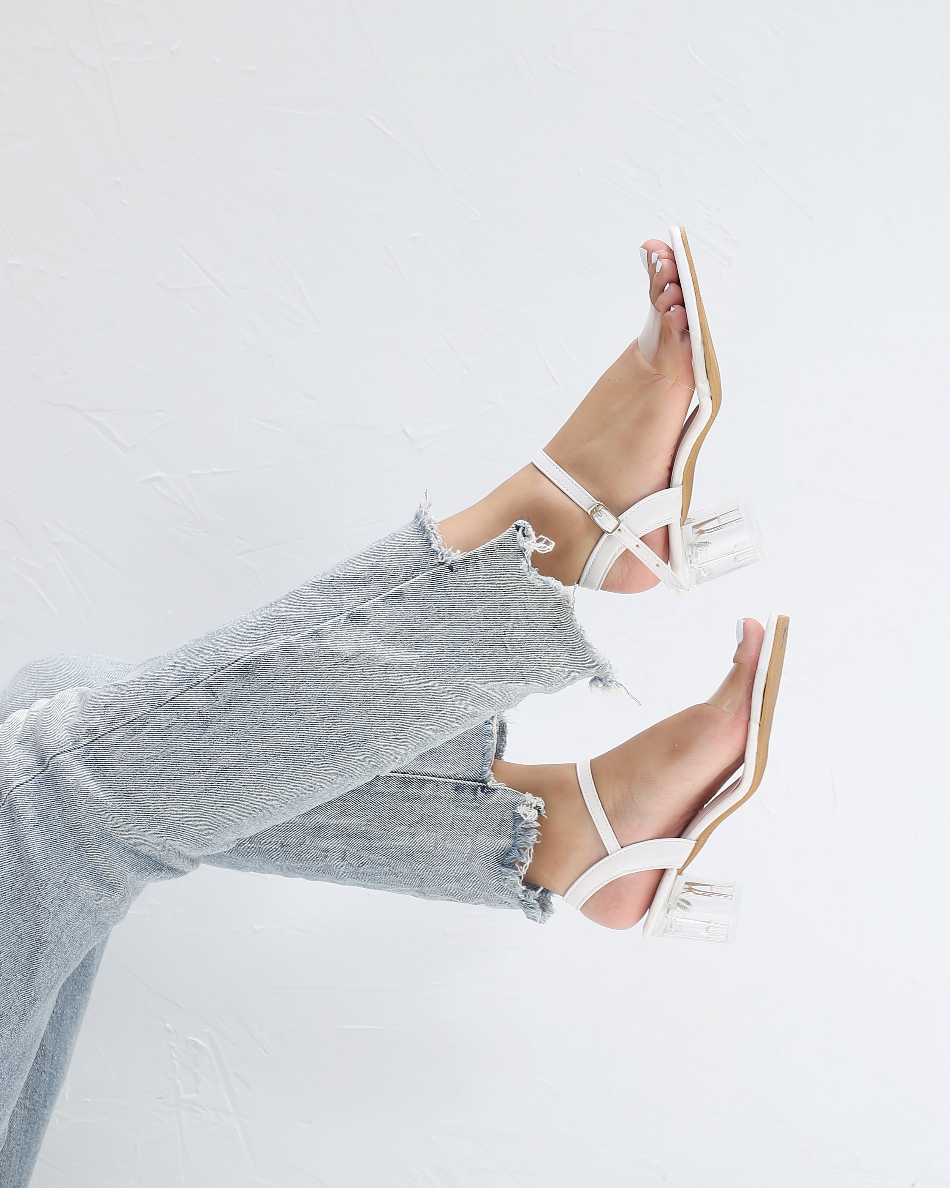 WHITE TRANSPARENT OPEN TOE BLOCK HEELS