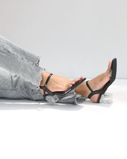 TRANSPARENT OPEN TOE LOW BLOCK HEELS IN BLACK