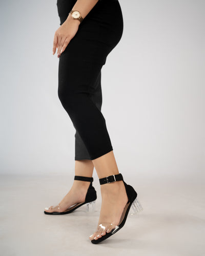 BLACK SUEDE ANKLE STRAP TRANSPARENT  LOW BLOCK HEELS