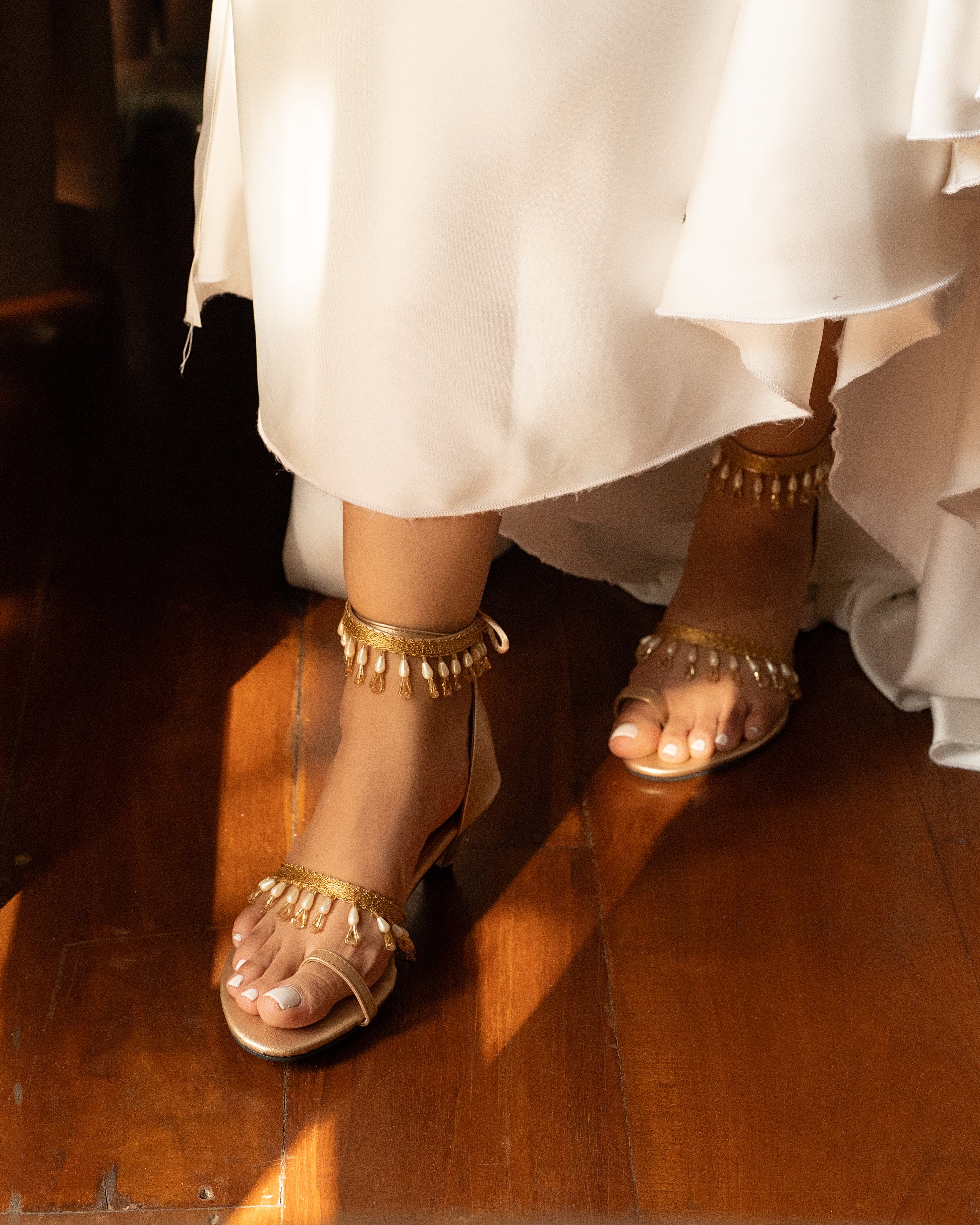 CHAMPAGNE PEARL FRINGE HEELS