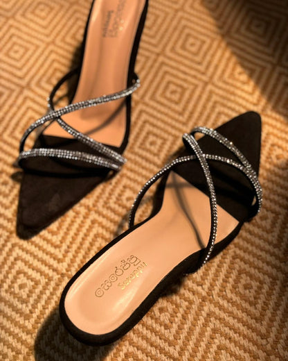 BLACK GLITTER STRAPPY SLIP ON HEELS