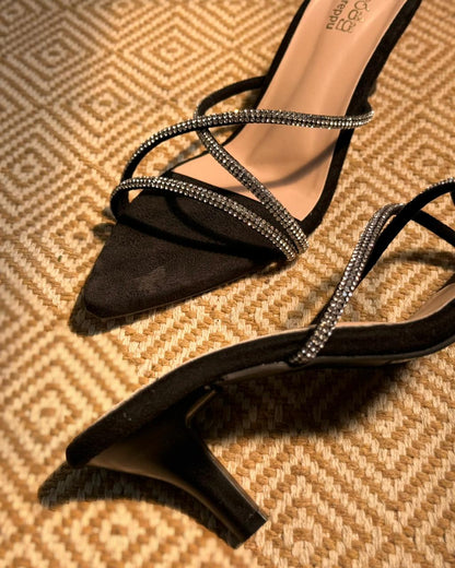 BLACK GLITTER STRAPPY SLIP ON HEELS