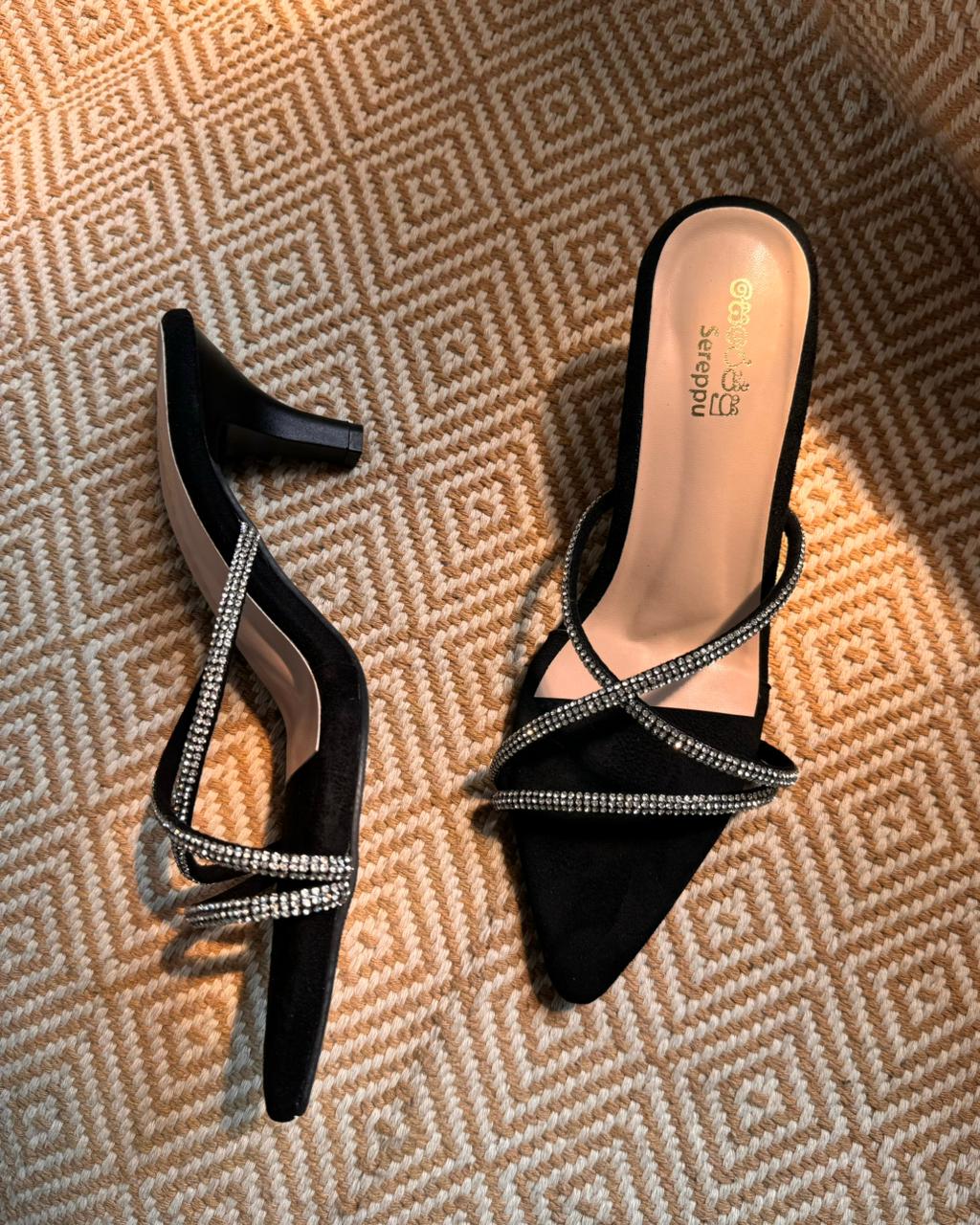 BLACK GLITTER STRAPPY SLIP ON HEELS