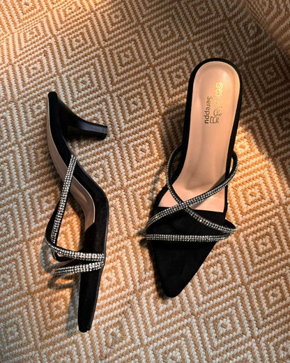 BLACK GLITTER STRAPPY SLIP ON HEELS