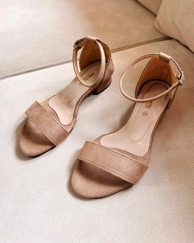 CAMEL SUEDE ANKLE STRAP LOW BLOCK HEELS
