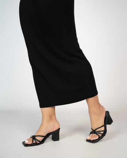BLACK KNOTTED SLIP ON BLOCK HEELS