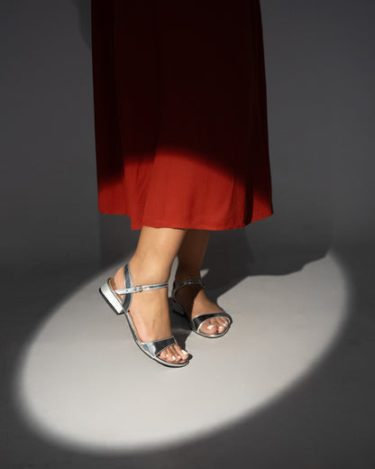 SILVER OPEN TOE LOW BLOCK HEELS