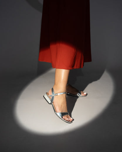 SILVER OPEN TOE LOW BLOCK HEELS