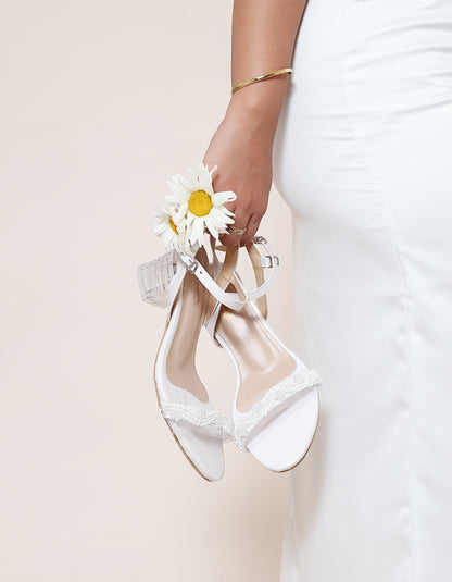 WHITE BEADED OPEN TOE TRANSPARENT HEELS