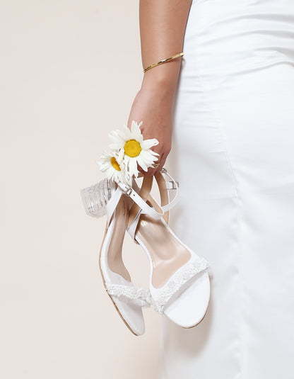 WHITE BEADED OPEN TOE TRANSPARENT HEELS