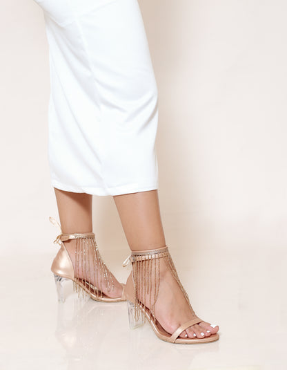 ROSE GOLD BEAD FRINGE TRANSPARENT HEELS